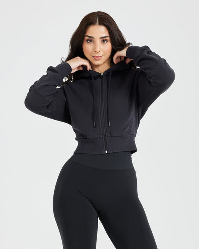 Classic Lounge Cropped Zip Through Hoodie | Coal